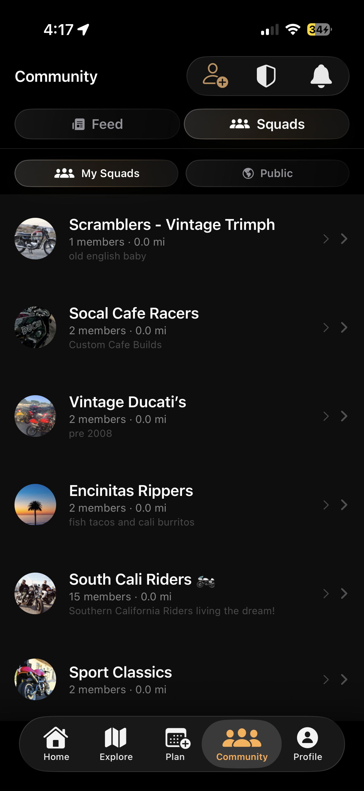 Rippin' Community screen with local rider posts, squads, and events.