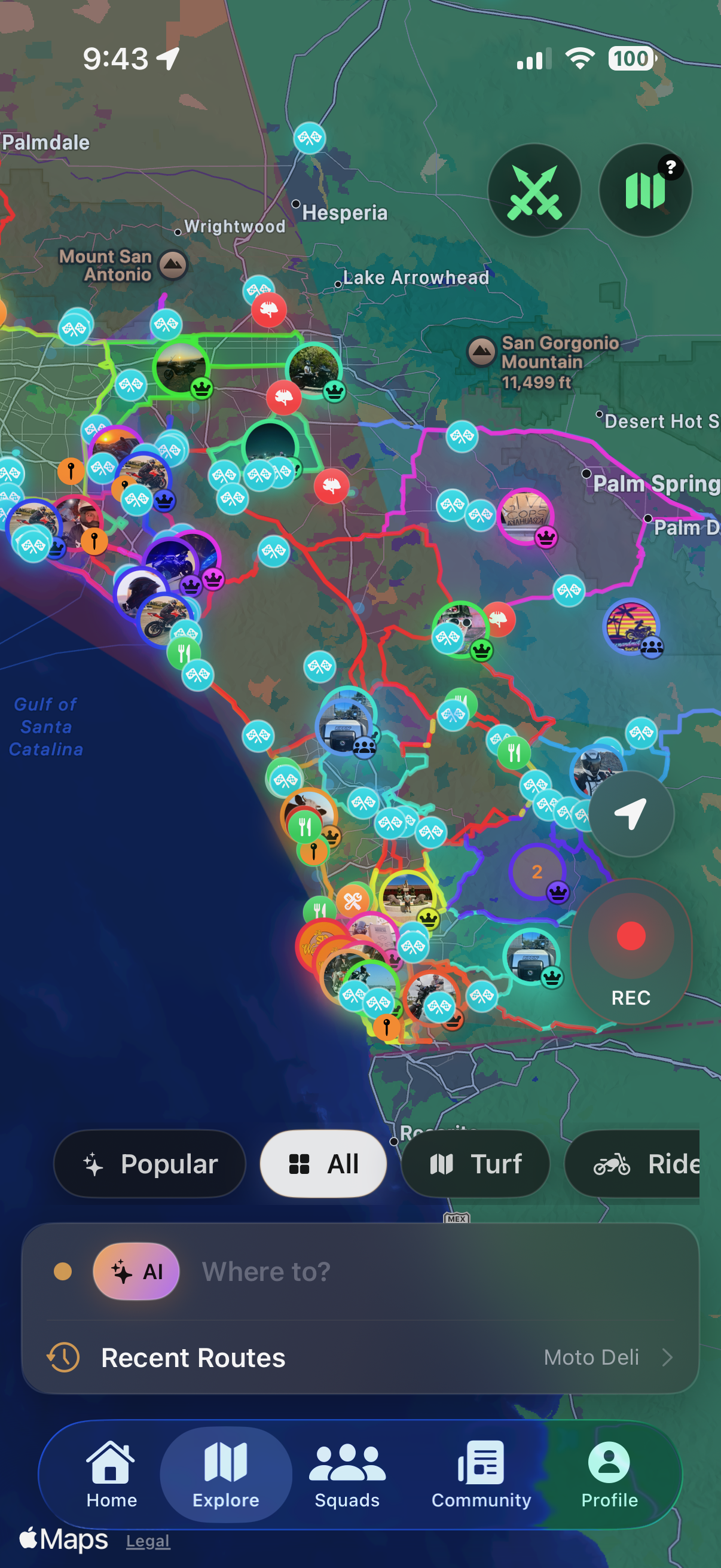 Rippin' Explore map with rider-first discovery, local roads, nearby routes, filters, and recording controls.