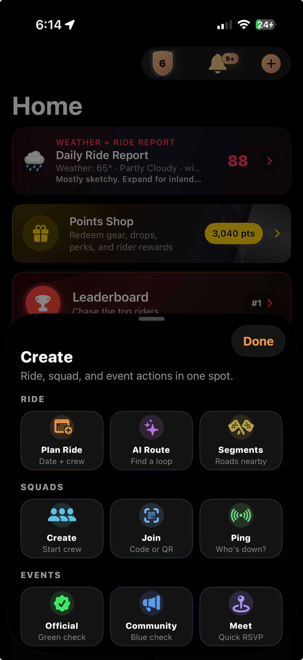 Rippin' Plan screen with ride now, segments, event creation, ride planning, squad creation, and squad pings.