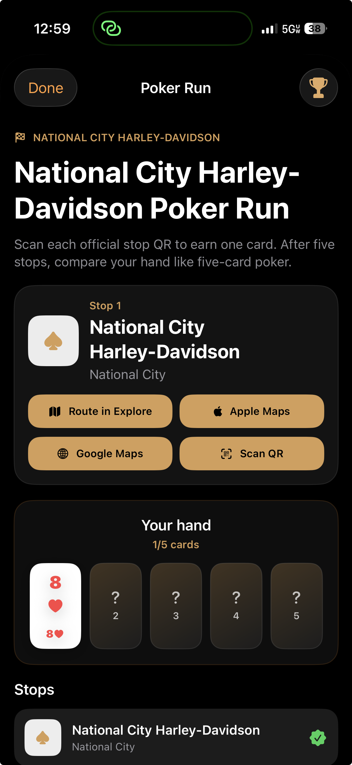 Rippin' poker run screen showing the ride stops and the cards collected along the way.