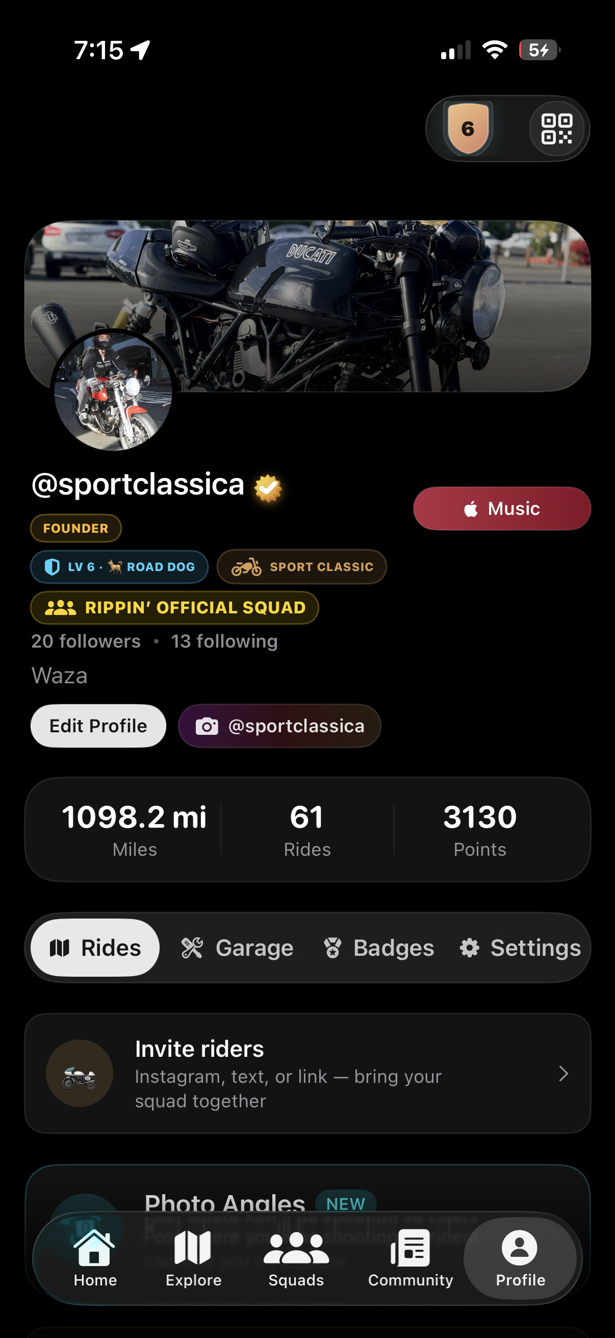 Rippin' profile screen with rider photo, garage, music connection, stats, points, and ride history.