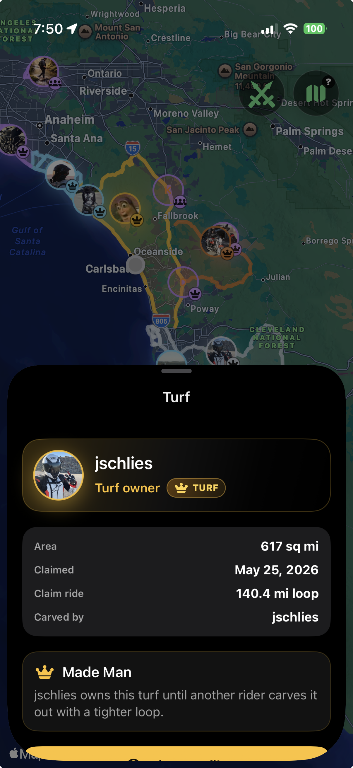 Rippin' turf map showing claimed rider and squad territories.
